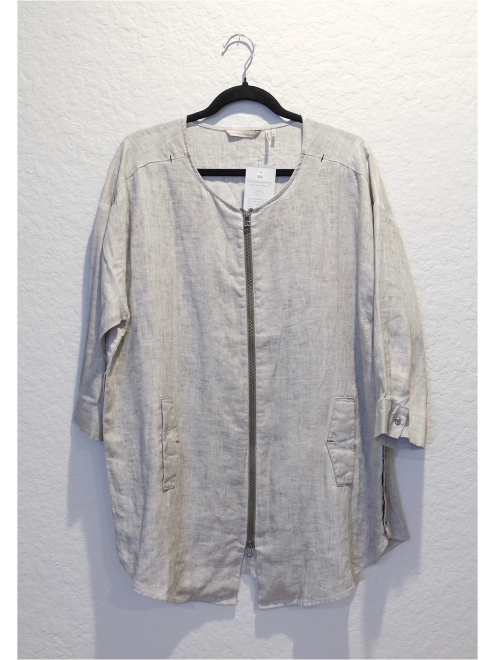 Soft Surroundings 100% Linen Zip-Up Tunic Size PL Beige Gray Pockets Double Zip